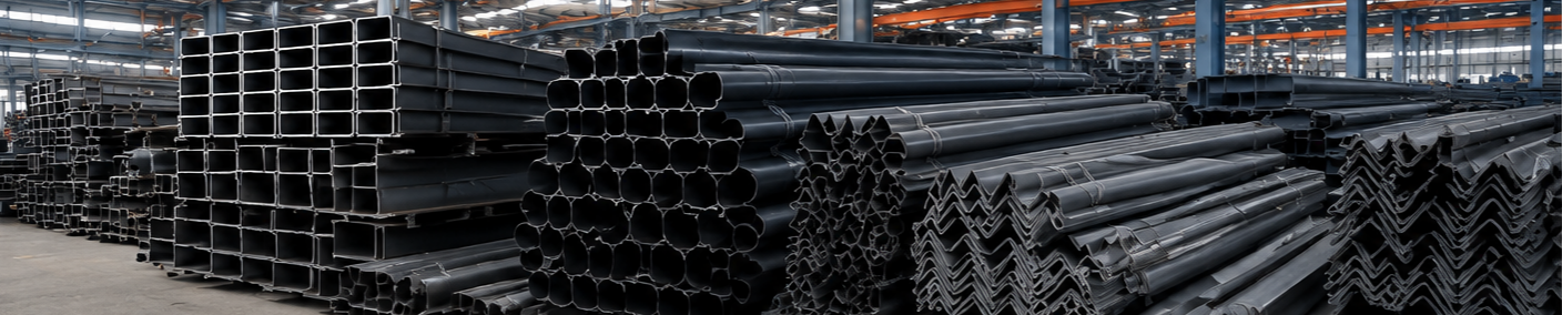 Steel construction materials supplier warehouse with structural steel products