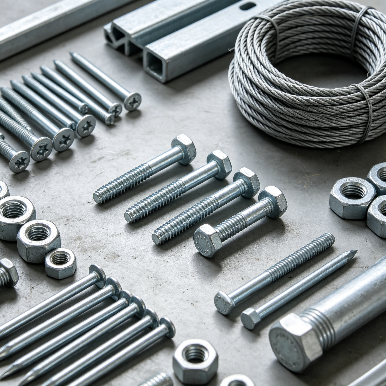 Construction hardware including nails bolts and steel wire rope
