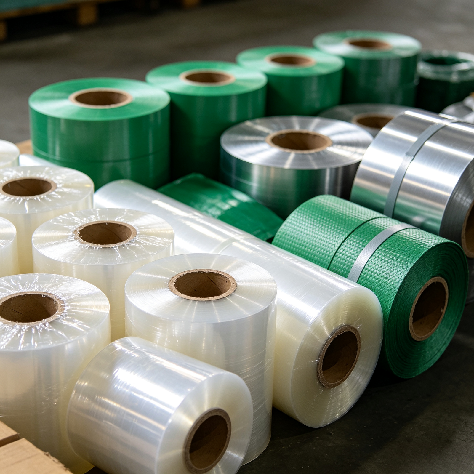 Industrial packaging materials including PET straps steel straps and stretch film