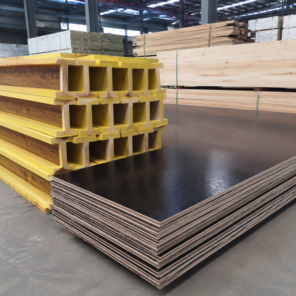 Construction timber system including timber I beam and plywood products