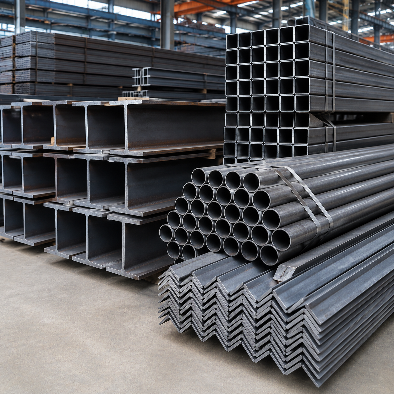 Steel construction materials including beams pipes and steel profiles